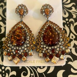Amber Brown and Gold Crystal Large Teardrop Earrings